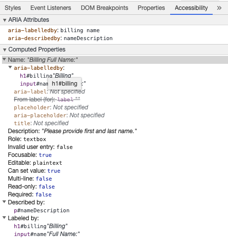 Ferramentas de Programação do Chrome exibindo o nome acessível da entrada do e a descrição com o